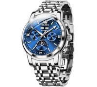 OLEVS Automatische Herren-Armbanduhr, selbstaufziehend, mechanisch, blau, Kleid, Multifunktion, Kalender, versteckter Knopf, Sonne, Mond-Anzeige, leuchtend, Silbernes Armband und blaues Zifferblatt