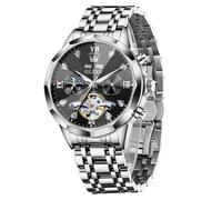 OLEVS Automatische Herren-Armbanduhr, selbstaufziehend, mechanisch, Mondphase, Business, Luxus, Diamantkleid, Edelstahl, wasserdicht, leuchtende Herren-Armbanduhr, 6621: Silbernes Band und schwarzes