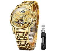 OLEVS Automatische Herren-Armbanduhr, Skelett, Tourbillon, mechanisch, selbstaufziehend, Luxus-Kleid, Armbanduhr, Mondphase, Tag, Datum, Goldfarbenes Armband und goldfarbenes Zifferblatt, Mechanisch