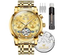 OLEVS Automatische Herrenuhr Tourbillon Selbstaufzug Mechanik Luxus Business Edelstahlband Leuchtende Wasserdichte Armbanduhr, 6607-Gold Gürtel und goldenes Gesicht, Modern
