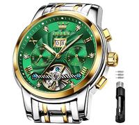 OLEVS Automatische mechanische Herren-Armbanduhr, luxuriöse Dress-Watch, wasserdicht, selbstaufziehend, Mondphase-Chronograph, Edelstahl, leuchtend, Datum, Tourbillon Armbanduhr für Herren, Gold und Grün