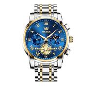 OLEVS Bicolor Armbanduhr Herren Blau Zifferblatt Edelstahl Herrenuhr Wasserdicht Leuchtende Großes Metallarmband Männer Uhr mit Mondphase Römische Zahlen Analog Uhr für Herren Chronograph Geschenke