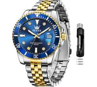 OLEVS Bicolor Herren Uhr Wasserdicht Elegante Edelstahl Herrenuhr mit Datum Analog Silber Gold Armbanduhr Herren Blau Zifferblatt Moderne Leuchtende Herrenarmbanduhr mit Metallarmband Geschenke