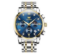 OLEVS Bicolor Herrenuhr mit Silber Gold Metallarmband Elegnt Analog Kleid Uhr Herren Wasserdicht Mode Datum Männer Uhr Blau Zifferblatt Groß Quarz Herren Armbanduhr Mondphase Geschenke für Männer
