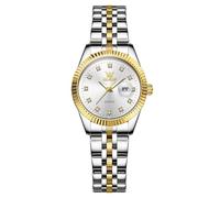 OLEVS Bicolor Uhren Damen Edelstahl Moderne Analog Klein Damenuhren mit Datum Silber Gold Metallarmband Armbanduhr Damen Wasserdicht Elegante Quarz Uhr für Frauen Weiß Zifferblatt Leuchtend Geschenke