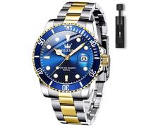 OLEVS Bicolor Uhren für Männer Edelstahl Modern Silber Gold Metallarmband Herren Armbanduhr Großes Quarz Leuchtend Herren Uhren Blau Zifferblatt mit Datum Analog Kleid Herrenuhren Wasserdicht