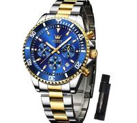 OLEVS Bicolor Uhren Herren Blau Zifferblatt Analog Quarz Herren Armbanduhr Edelstahl Lässig Leuchtend Groß Uhren fur Männer mit Datum Chronograph Wasserdicht Herrenuhren Gold Silber Metallarmband