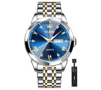 OLEVS Bicolor Uhren Herren Edelstahl Modern Großes Herren Armbanduhr mit Datumsanzeige Analog Kleid Uhren fur Männer Wasserdicht Leuchtend Silber Gold Metallarmband Herrenuhr Blau Zifferblatt