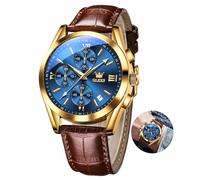 OLEVS Braun Herrenuhr Lederarmband Vintage Blau Zifferblatt Armbanduhr Herren Analog Kleid Classic Gold Gehäuse Wasserdicht Uhr Herren mit Datum Leuchtend Quarz Uhren für Männer Chronograph