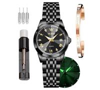 OLEVS Damen-Armbanduhr, japanisches Quarz, Roségold, Kristall, Edelstahl, modisch, wasserdicht, luxuriös, eleganter Kalender, simulierte Quarzuhr, Gw-g9931, schwarzes Zifferblatt, Klassisch