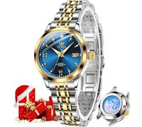 OLEVS Damen Automatikuhr Gold Luxus Diamant Selbstaufzug Damen Armbanduhren Wasserdicht Leuchtend Datum, L9956: Zweifarbiges Band und blaues Zifferblatt, Elegant
