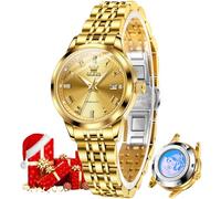 OLEVS Damen Automatikuhr Gold Luxus Diamant Selbstaufzug Damen Armbanduhren Wasserdicht Leuchtend Datum, L7062: Goldfarbenes Band und goldenes Zifferblatt, Elegant