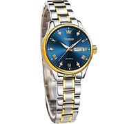 OLEVS Damenuhr Analog Quarz Armbanduhren mit Diamant Kleines Gesicht Blau Gold Silber Edelstahlband wasserdichte Day Date Uhr