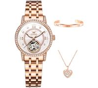 OLEVS Damenuhr Automatik Diamant Tourbillon Luxus Mode Edelstahl Wasserdicht Leuchtende Armbanduhren für Damen Geschenk Roségold/Sternenhimmel Blau/Silber, 7036: Rotgoldenes Armband und silbernes