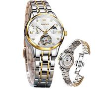 OLEVS Damenuhr Damen Automatik Mechanisch Skelett Luxus Diamant Elegant Edelstahl Wasserdicht Analog Original Silber Weiß Uhr