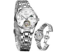 OLEVS Damenuhr Damen Automatik Mechanisch Skelett Luxus Diamant Elegant Edelstahl Wasserdicht Analog Original Silber Uhr