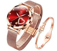 OLEVS Damenuhr Roségold mit Herz Diamant Rot Gesicht Armbanduhr wasserdicht Armreif Armband Set Armbanduhren für Damen