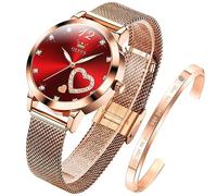OLEVS Damenuhr Roségold mit Herz Diamant Rot Gesicht Quarz Armbanduhr Wasserdicht Gürtel Armreif Set