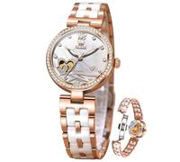 OLEVS Damenuhren Automatik Luxus Dress Damenuhren Keramikarmband Roségold Selbstaufziehend Damen Armbanduhr