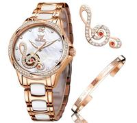 OLEVS Damenuhren Automatikuhren Mechanisch Damen Armbanduhren Damen Automatik Deluxe Keramikband Wasserdicht Musikalische Symbole Diamanten Damenarmbanduhr Sets Geschenk