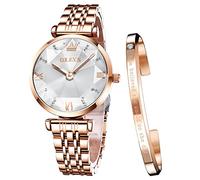 OLEVS Damenuhren Roségold Diamant Kleines Gesicht Edelstahlarmband Wasserdicht Analoge Quarz Armbanduhren Armreif Geschenke Set