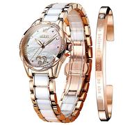 OLEVS Frauen Automatische Mechanische Uhren Selbstaufzug Rose Gold Zweifarbig Keramik Armband Diamant Liebe Herz Zifferblatt Mode Elegant Kleid Damen Armbanduhr Wasserdicht Leuchtend, Weißes