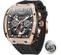OLEVS Gelatu Herren-Armbanduhr, automatische Tonneau-Uhr, Skelett, mechanisch, 50 m, wasserdicht, Saphirglas, quadratisch, Weiß/Schwarz/Roségold, Skelettuhren, Herrenuhr