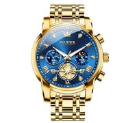 OLEVS Goldene Herrenuhren Edelstahl Luxus Leuchtende Wasserdicht Armbanduhr Herren Metallarmband Modern Großes Analog Kleid Herren Uhren Blau Zifferblatt Chronograph Uhren für Männer mit Mondphase