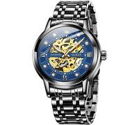 OLEVS Goldene Skelett-Herren-Armbanduhr, automatisch, mechanisch, selbstaufziehend, luxuriös, glänzend, Diamant, Edelstahl, wasserdicht, leuchtende Armbanduhren, schwarz blau, Modern