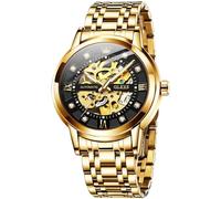 OLEVS Goldene Skelett-Herren-Armbanduhr, automatisch, mechanisch, selbstaufziehend, luxuriös, glänzend, Diamant, Edelstahl, wasserdicht, leuchtende Armbanduhren, Goldfarben / Schwarz