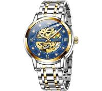 OLEVS Goldene Skelett-Herren-Armbanduhr, automatisch, mechanisch, selbstaufziehend, luxuriös, glänzend, Diamant, Edelstahl, wasserdicht, leuchtende Armbanduhren, silber, blau, Modern