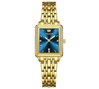OLEVS Goldene Uhr Damen Wasserdicht Elegante Metall Armbanduhr Damen Analog Kleid Leuchtend Edelstahl Damenuhren Klein Blau Zifferblatt Square Quarz Damenarmbanduhr mit Datum Geschenke für Frauen
