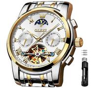 OLEVS Herren-Armbanduhr, automatisch, mechanisch, luxuriös, wasserdicht, selbstaufziehend, Mondphasen-Chronograph, Edelstahl, leuchtendes Datum, Tourbillon-Armbanduhr für Herren, Weißes Zifferblatt