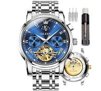 OLEVS Herren-Armbanduhr, automatisch, selbstaufziehend, Skelett-Uhren für Herren, Tourbillon, keine Batterie, luxuriöse Edelstahl-Uhr mit Datum, mechanische Herrenuhren, wasserdicht, modisch für