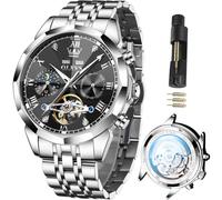 OLEVS Herren-Armbanduhr für Herren, automatisch, Edelstahl, Business-Kleid, Skelett, mechanisch, wasserdicht, leuchtend, selbstaufziehend, luxuriös, Diamant-Herrenuhren, Schwarze Herrenuhr, black men