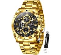 OLEVS Herren-Armbanduhr, luxuriös, großes Zifferblatt, stilvoll, originell, Business-Kleid, Mondphase, zweifarbig, Edelstahl, wasserdicht, Kalender, Armbanduhr, G3689: Goldfarbenes Band und schwarzes
