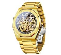 OLEVS Herren Automatik Skelett Mechanische Uhr Edelstahl Luxus Klassisch Business Wasserdicht Leuchtende Armbanduhr, Gold-6669