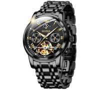 OLEVS Herren Automatik Uhren Skelett Tourbillon Mechanisch Selbstaufzug Luxus Mode Kleid Armbanduhr Mondphase Tag Datum Leuchtend Wasserdicht, A: Alles schwarz, Mechanische, automatische Uhr