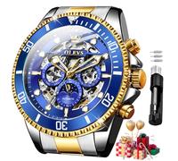 OLEVS Herren-Automatikuhr, Diamant-Skelett, mechanisch, luxuriös, selbstaufziehend, Mondphasenkalender, wasserdichte Armbanduhr für Herren, G6715: Zweifarbiges Band und blaues Zifferblatt, Luxuriöses
