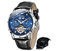 OLEVS Herren-Automatikuhr, selbstaufziehend, Sternenhimmel, Diamant-Skelett, Luxus-Armbanduhr, wasserdicht, leuchtend, G6690: Schwarzes Armband und blaues Zifferblatt, Luxuriöses Geschenk, Business