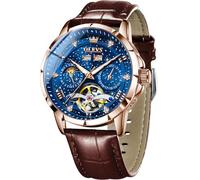 OLEVS Herren-Automatikuhr, selbstaufziehend, Sternenhimmel, Diamant-Skelett, Luxus-Armbanduhr, wasserdicht, leuchtend, G6690: Braunes Armband und blaues Zifferblatt, Luxuriöses Geschenk, Business