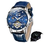 OLEVS Herren-Automatikuhr, selbstaufziehend, Sternenhimmel, Diamant-Skelett, Luxus-Armbanduhr, wasserdicht, leuchtend, G6690: blaues Armband und blaues Zifferblatt, Luxuriöses Geschenk, Business