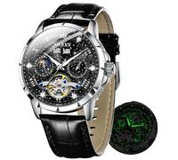 OLEVS Herren-Automatikuhr, selbstaufziehend, Sternenhimmel, Diamant-Skelett, Luxus-Armbanduhr, wasserdicht, leuchtend, G6690: Schwarzes Armband und schwarzes Zifferblatt, Luxuriöses Geschenk, Business