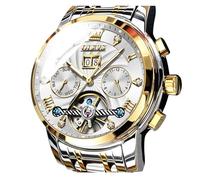 OLEVS Herren Automatikuhr Skelett 5 Zeiger Mechanisch Klassisch Luxus Multi Kalender Edelstahl Wasserdicht Armbanduhr für Herren, Gold Silber