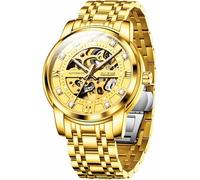 OLEVS Herren-Automatikuhr, Skelett, Diamant, luxuriös, mechanisch, selbstaufziehend, wasserdicht, leuchtend, G9901: Goldfarbenes Band und goldenes Zifferblatt, Luxuriös