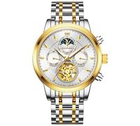 OLEVS Herren Automatikuhr Skelett Edelstahl Kleid Uhr Mechanische Selbstaufzug Tourbillon Chronograph Leuchtende Tagesdatum Zifferblatt Wasserdicht Armbanduhr Mode Klassisch Geschenk für Ihn, Gold