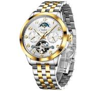 OLEVS Herren Automatikuhr Skelett Edelstahl Kleid Uhr Mechanische Selbstaufzug Tourbillon Chronograph Leuchtende Tagesdatum Zifferblatt Wasserdicht Armbanduhr Mode Klassisch Geschenk für Ihn, Gold