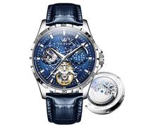 OLEVS Herren-Automatikuhr, Sternenhimmel, Skelett, Tourbillon, selbstaufziehend, mechanische Armbanduhr, wasserdicht und leuchtend, Edelstahl, Präzisions-Uhrenarmband, 6689 blaues Zifferblatt und