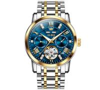 OLEVS Herrenuhr Automatik Mechanisch Tourbillon mit Diamanten Zifferblatt Edelstahl Wasserdicht Luxus Business Armbanduhr, 6701: Gold und Blau