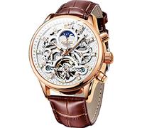 OLEVS Herrenuhr Leder Skelett Automatik Mechanisch Tourbillon Kalender Mondphase Leuchtend Wasserdicht Luxus Business Armbanduhr, Z: Weißes Zifferblatt und braunes Leder, Modern